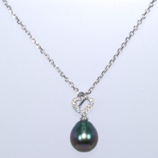 9-10mm大溪地黑珍珠水滴18K白金吊墜鑲鑽石配18K白金意大利鍊